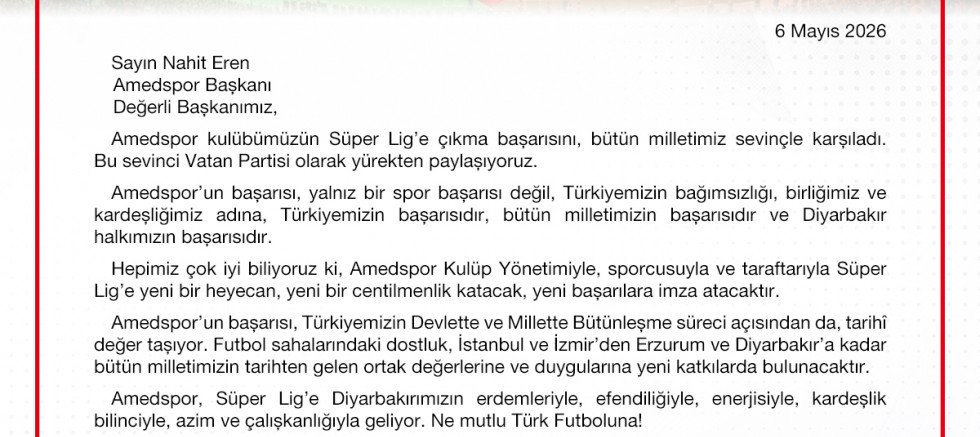Amedspor’un Süper Lig başarısına siyasi tebrik mesajı