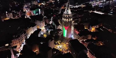 Galata Kulesi'ne Filistin bayrağı yansıtıldı